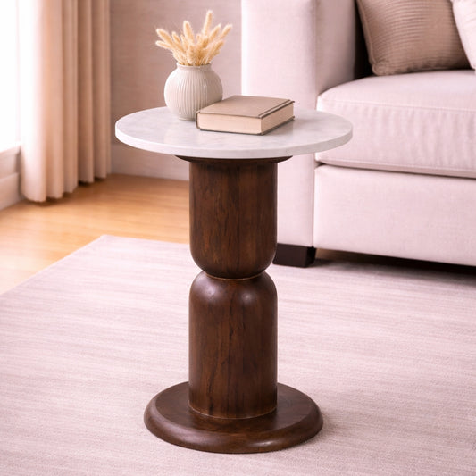 Round Marble Top Side Table with Sculpted Wooden Pedestal Base