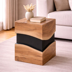 Sculptural Wooden Cube Side Table with Black Contrast Core