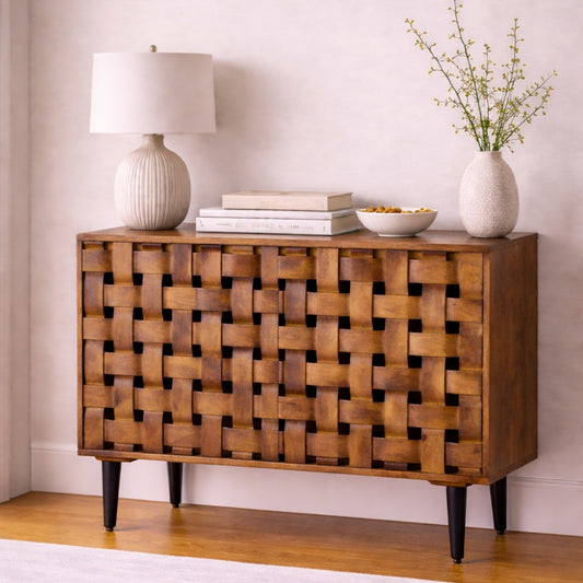 Rustic Woven Wood Storage Cabinet