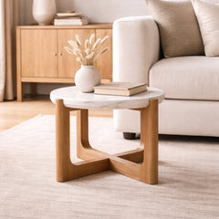 Round Marble Top Side Table with Sculptural Wooden Base