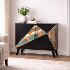 Black Geometric Inlay Accent Cabinet with Reclaimed Wood Panels & Tapered Legs