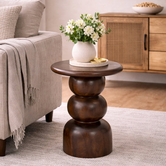 Sculptural Wooden Accent Table with Stacked Sphere Base & Round Top