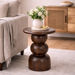 Sculptural Wooden Accent Table with Stacked Sphere Base & Round Top
