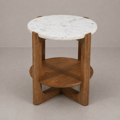 Round Marble Top Side Table with Wooden Base & Lower Storage Shelf