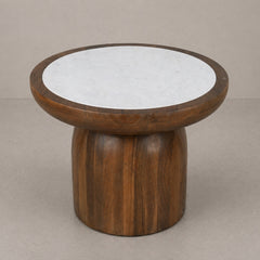 Round Wooden Side Table with Marble Inset Top & Sculptural Pedestal Base