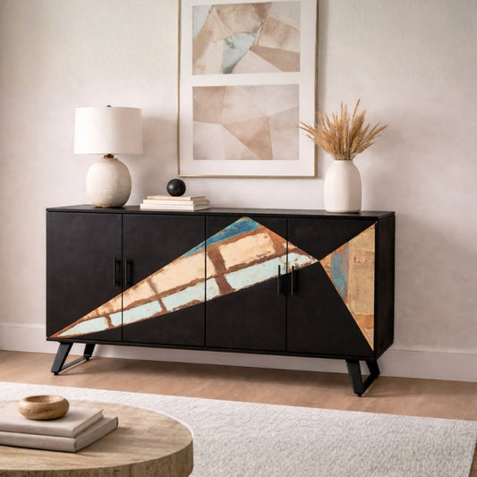 Black Geometric Inlay Sideboard with Reclaimed Wood Panels & Angled Legs
