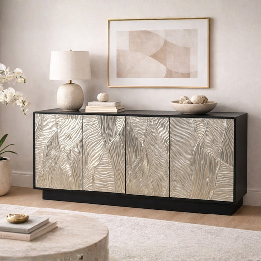 Textured Metallic Wave Sideboard with Black Frame & Contemporary Design