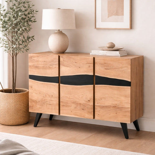 Natural Wood Sideboard with Black Resin Inlay & Brass Accents on Tapered Legs
