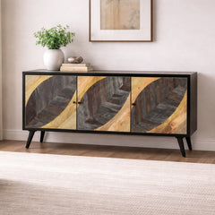 64” Black Geometric Inlay Sideboard with Natural Wood Panels & Tapered Legs