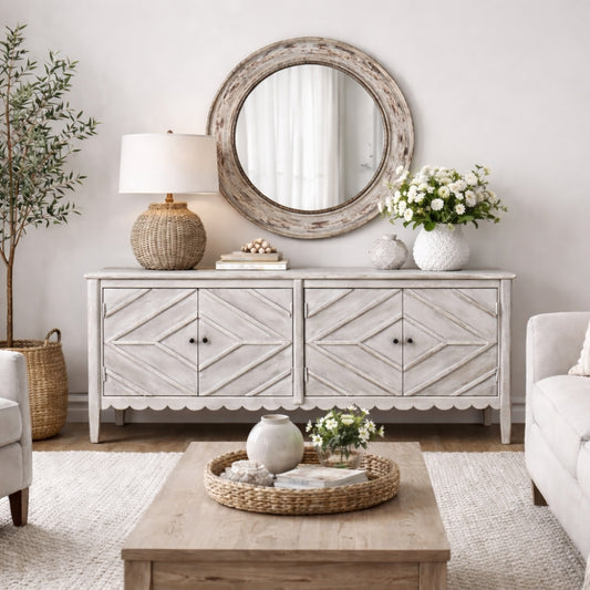 Distressed White Geometric Carved Sideboard with Scalloped Detailing & Tapered Legs