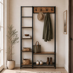 Multifunctional Industrial Entryway Hall Tree with Shelves, Bench & Coat Hooks