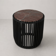 Round Slatted End Table with Wooden Top & Cylindrical Base