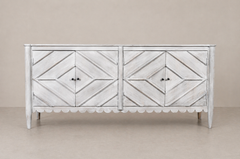 Distressed White Geometric Carved Sideboard with Scalloped Detailing & Tapered Legs