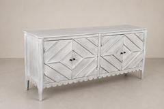 Distressed White Geometric Carved Sideboard with Scalloped Detailing & Tapered Legs