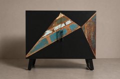 Black Geometric Inlay Accent Cabinet with Reclaimed Wood Panels & Tapered Legs