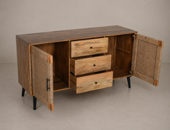Natural Wood & Woven Rattan Sideboard with Center Drawers and Tapered Legs