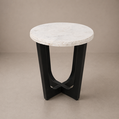 Round Marble Top Accent Table with Sculptural Black Base