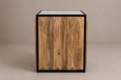 Cube Wood Side Table with Stone Top & Metal Frame