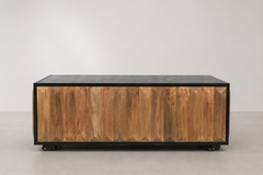 Rectangular Coffee Table with Black Stone Top & Geometric Carved Wood Panels