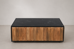 Rectangular Coffee Table with Black Stone Top & Geometric Carved Wood Panels