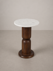Round Marble Top Side Table with Sculpted Wooden Pedestal Base