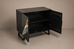 Black Geometric Inlay Accent Cabinet with Reclaimed Wood Panels & Tapered Legs