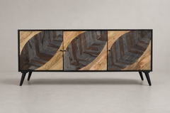 64” Black Geometric Inlay Sideboard with Natural Wood Panels & Tapered Legs