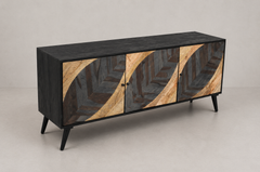 64” Black Geometric Inlay Sideboard with Natural Wood Panels & Tapered Legs