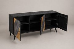 64” Black Geometric Inlay Sideboard with Natural Wood Panels & Tapered Legs