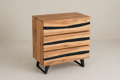 Natural Wood Chest of Drawers with Black Inlay Accents & Tapered Legs