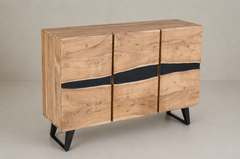 Natural Wood Sideboard with Black Resin Inlay & Brass Accents on Tapered Legs