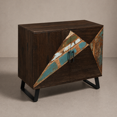 Black Geometric Inlay Accent Cabinet with Reclaimed Wood Panels & Tapered Legs