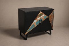 Black Geometric Inlay Accent Cabinet with Reclaimed Wood Panels & Tapered Legs
