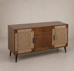Natural Wood & Woven Rattan Sideboard with Center Drawers and Tapered Legs