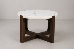 Round Marble Top Side Table with Sculptural Wooden Base