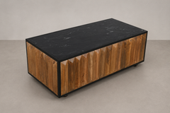 Rectangular Coffee Table with Black Stone Top & Geometric Carved Wood Panels