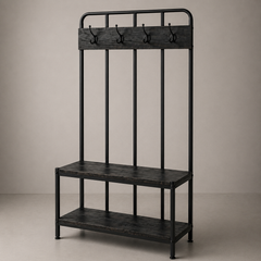 Industrial Entryway Bench with Coat Rack, Wooden Shelves & Metal Frame
