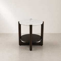Round Marble Top Side Table with Wooden Base & Lower Storage Shelf