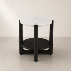 Round Marble Top Side Table with Wooden Base & Lower Storage Shelf