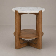 Round Marble Top Side Table with Wooden Base & Lower Storage Shelf