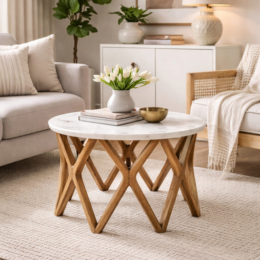 Modern living room with marble table
