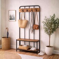 Industrial Entryway Bench with Coat Rack, Wooden Shelves & Metal Frame