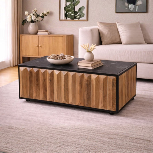 Rectangular Coffee Table with Black Stone Top & Geometric Carved Wood Panels