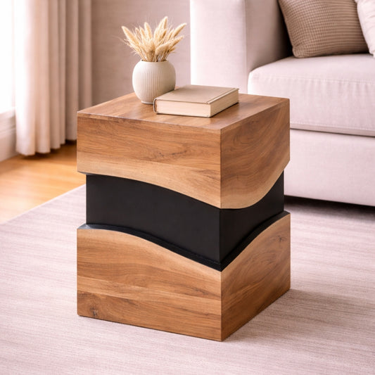 Sculptural Wooden Cube Side Table with Black Contrast Core