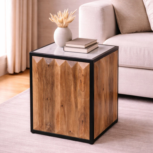 Cube Wood Side Table with Stone Top & Metal Frame