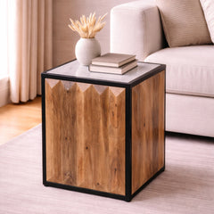 Cube Wood Side Table with Stone Top & Metal Frame