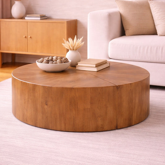 Round Solid Wood Drum Coffee Table with Mixed Grain Panels