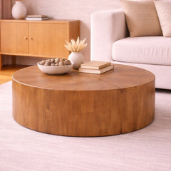 Round Solid Wood Drum Coffee Table with Mixed Grain Panels