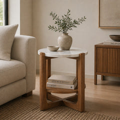 Round Marble Top Side Table with Wooden Base & Lower Storage Shelf