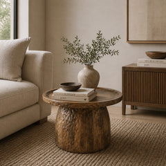Hand-Carved Solid Wood Coffee Table with Sculptural Pedestal Base